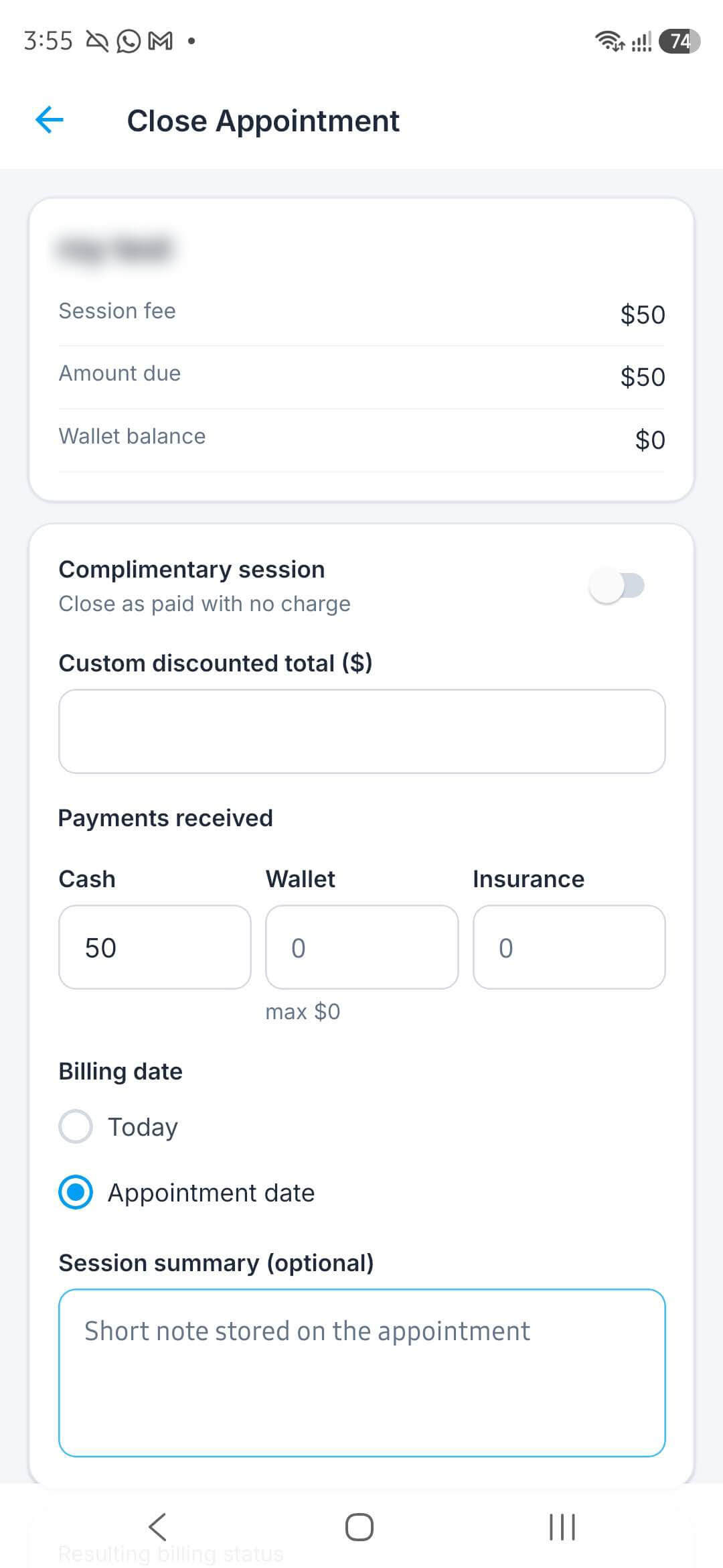 CareFlow mobile app — Close appointment screen