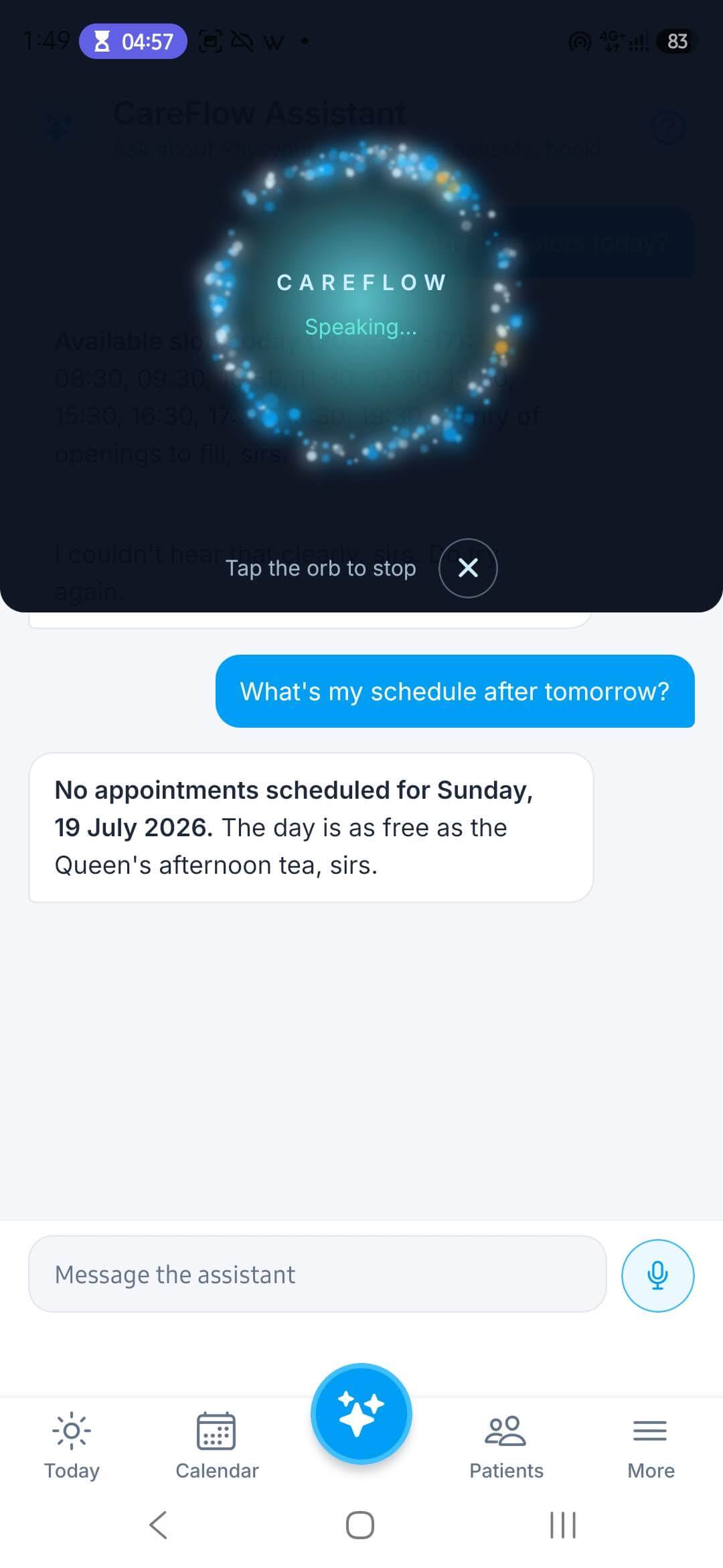 CareFlow mobile app — AI assistant screen