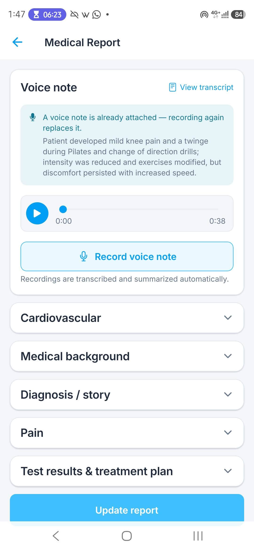 CareFlow mobile app filling a medical report by voice