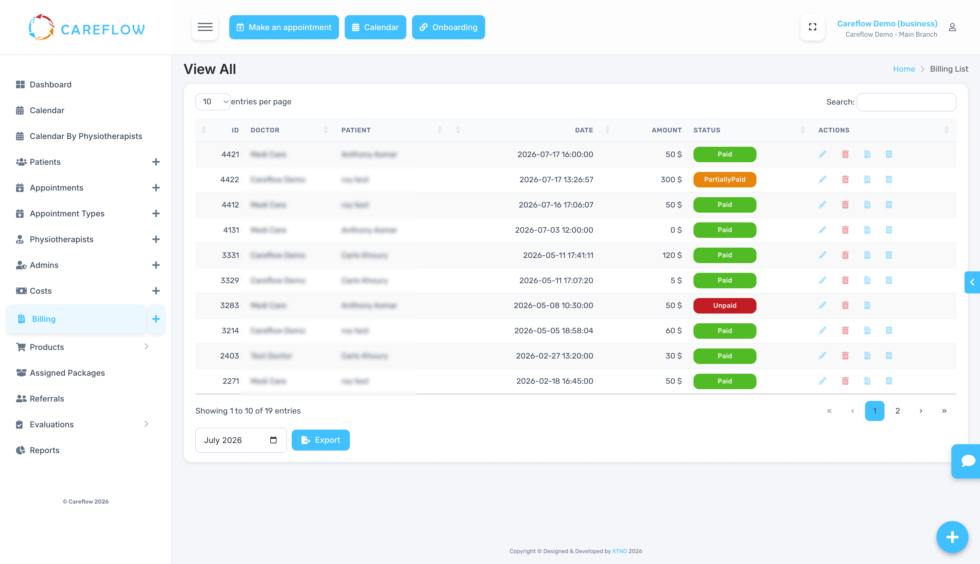 CareFlow billing and wallet screen