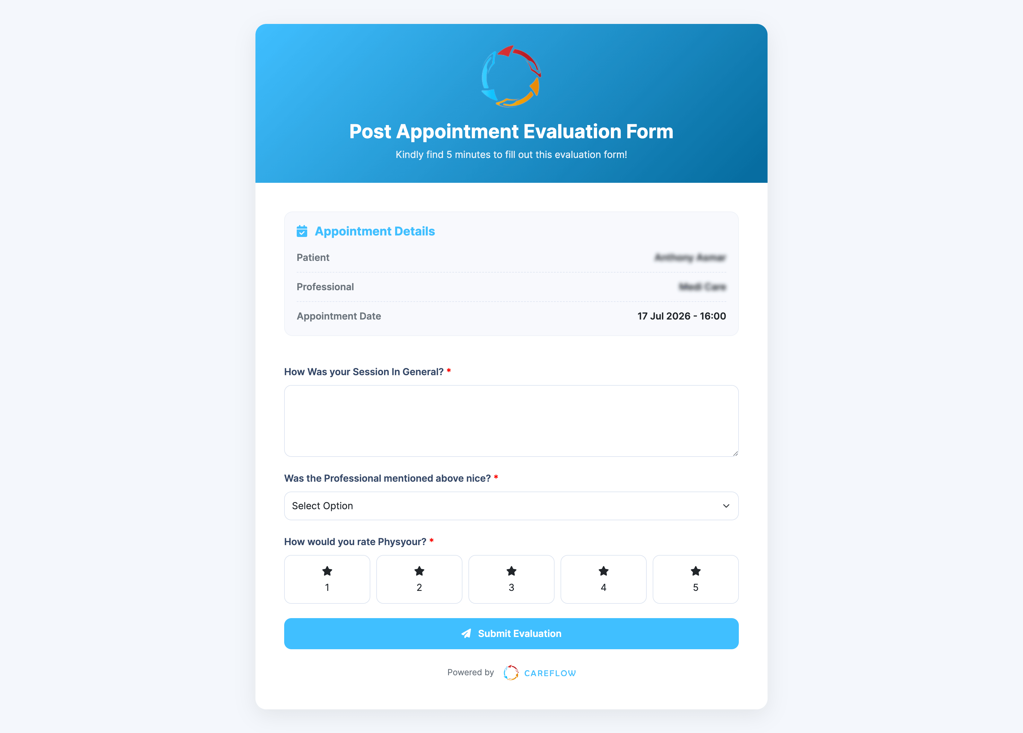 CareFlow evaluations and forms screen