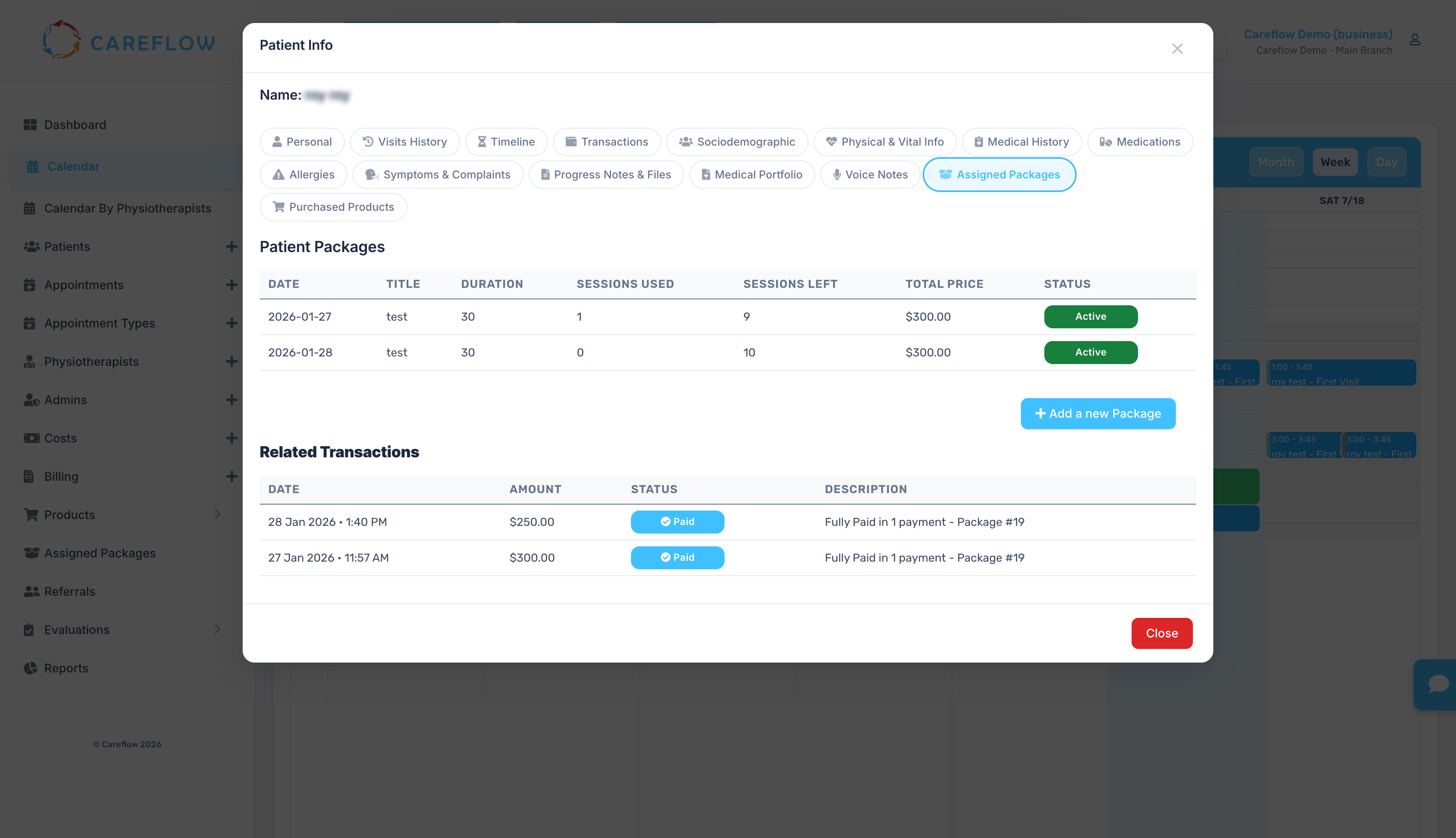CareFlow packages screen