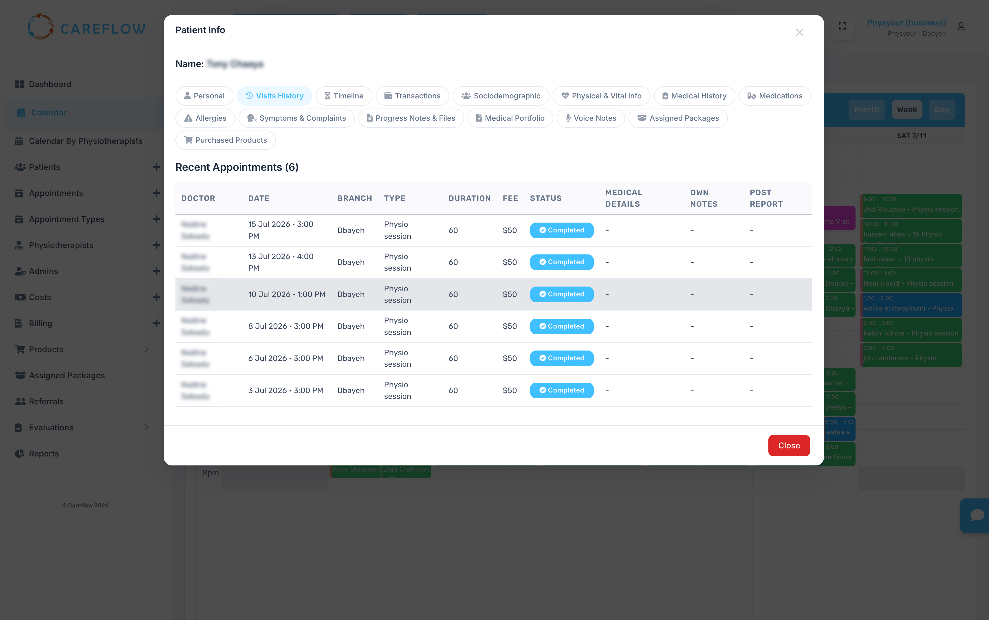 CareFlow patient records screen